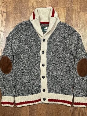 Roots Wool Blend Shawl Collar Suede Elbow Patch Knit Cardigan Sweater Mens M